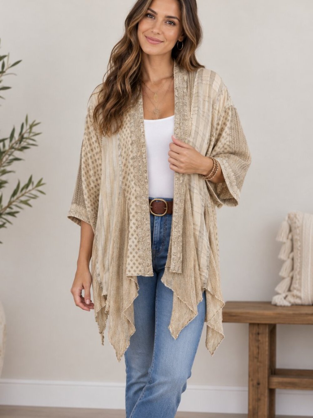 534. Women's Neutral Beige Boho Patchwork Kimono Cardigan